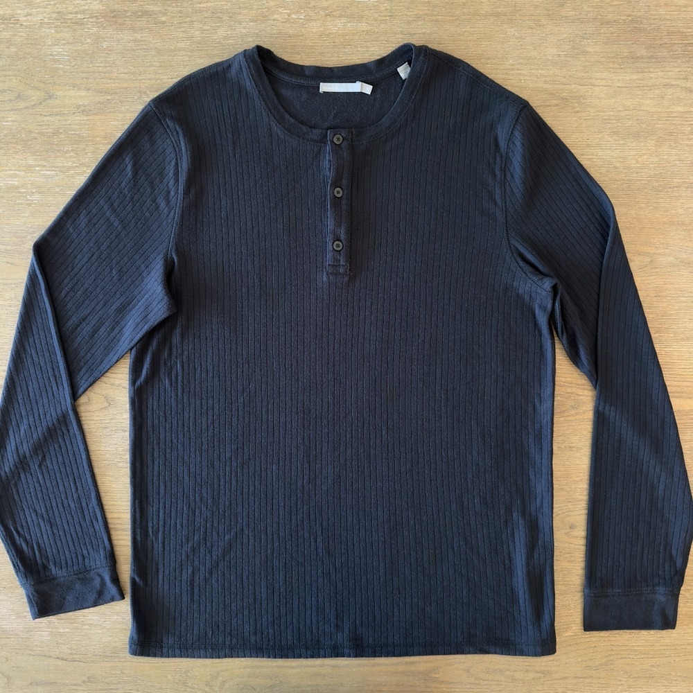 VINCE Men's Long-Sleeve Ribbed Knit Henley Top-Black-Crewneck Casual Basic-Sz XL